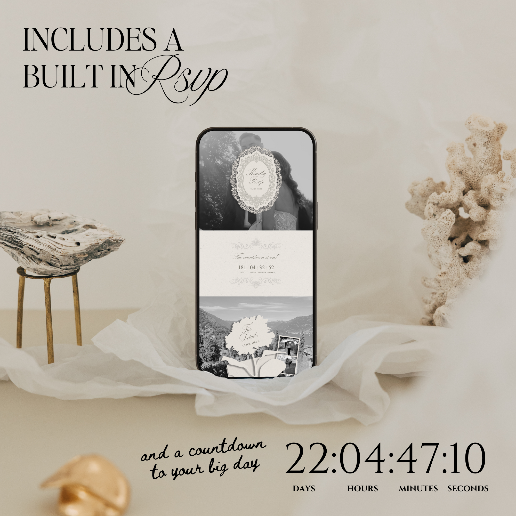 Heirloom Lace & Swan Wedding Website Template with RSVP (Ivory 02)