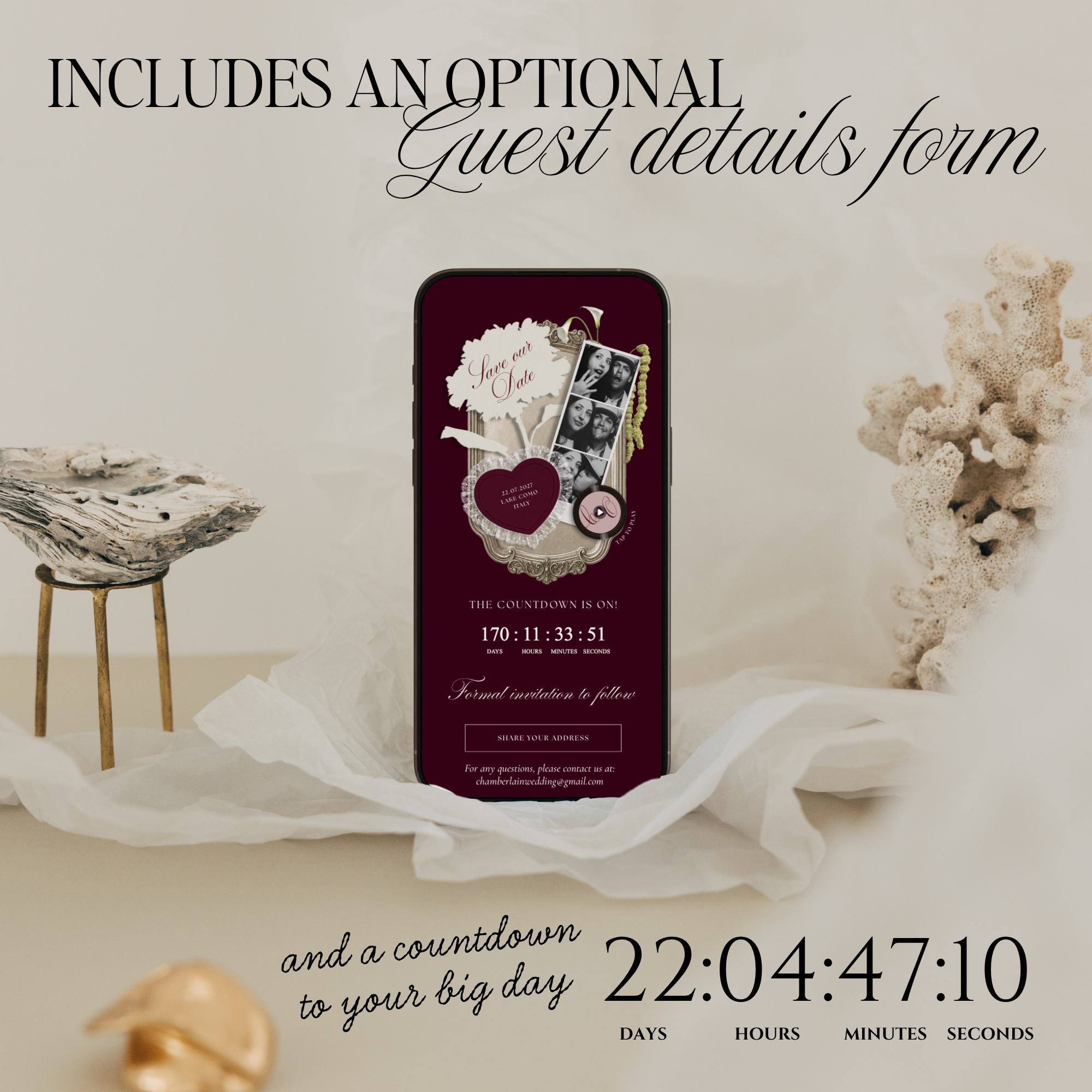 Save The Date Wedding Website Template (Photo Booth Animation 01 - Burgundy)