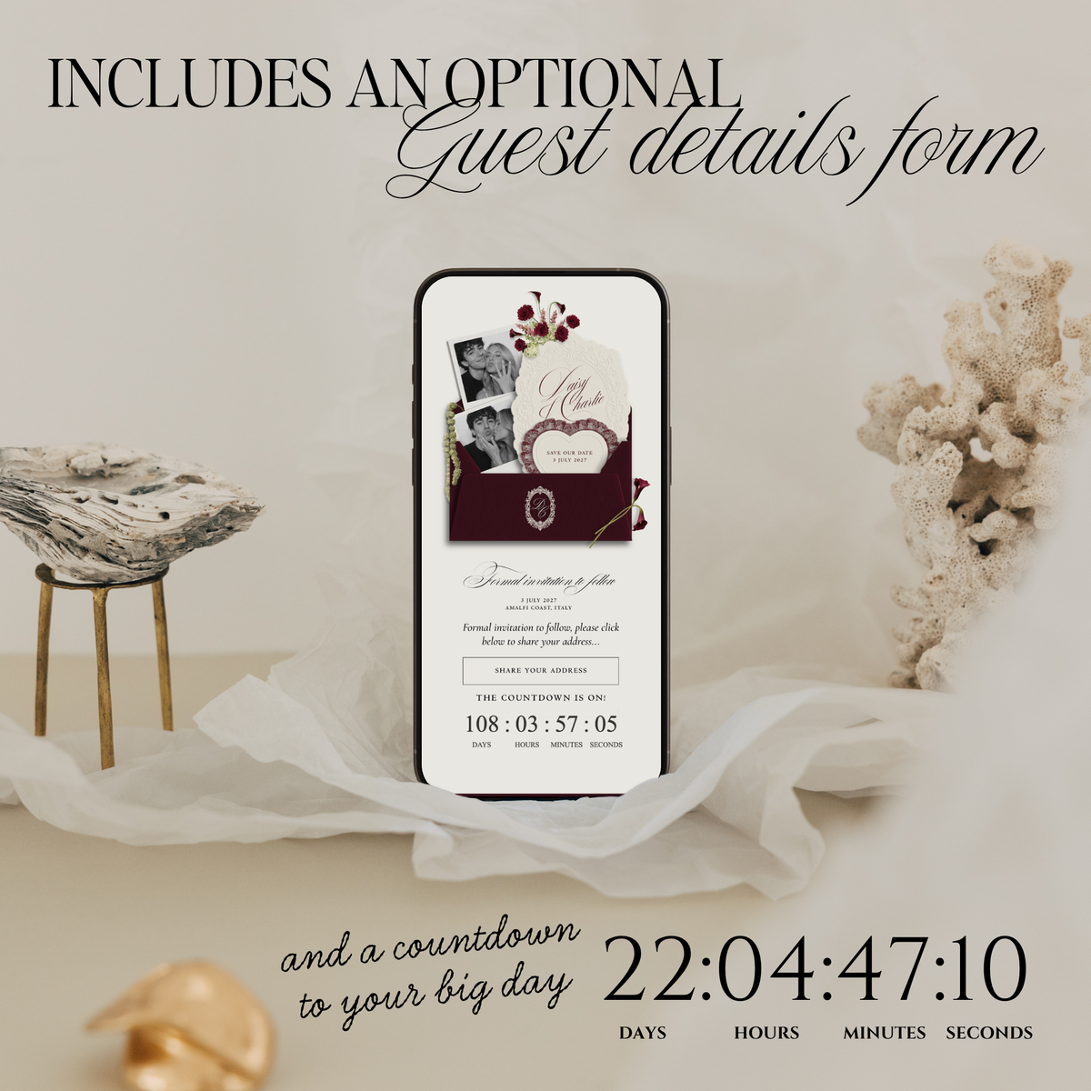 Save The Date Wedding Website Template (Envelope 07 - Burgundy + Ivory)