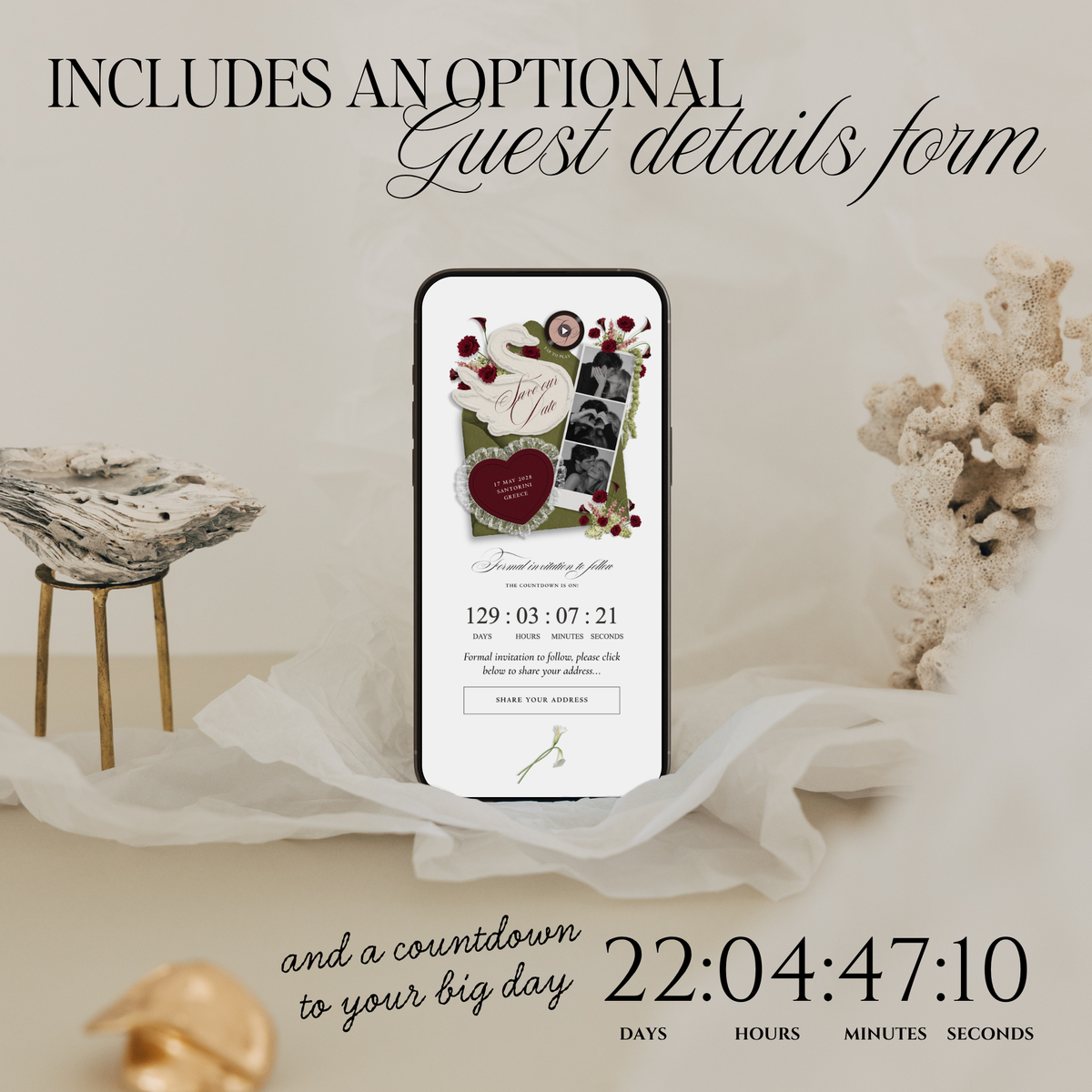 Save The Date Wedding Website Template (Envelope 05 - Green, Pink + Burgundy)