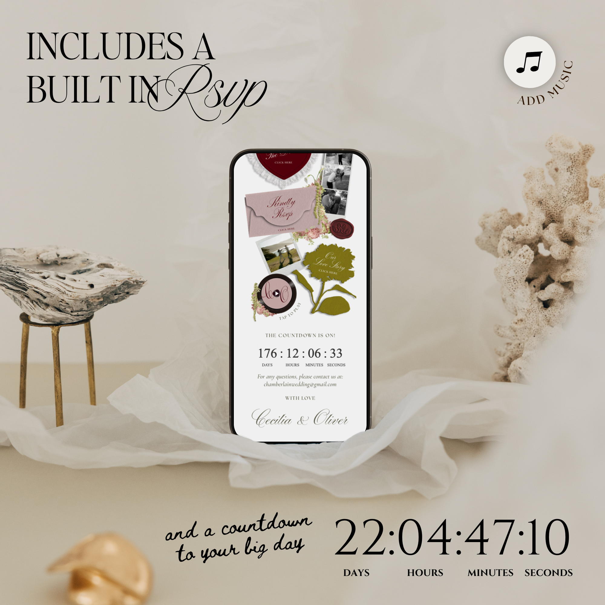 Wedding Website Template with RSVP (Envelope 04 - Olive Green & Burgundy)