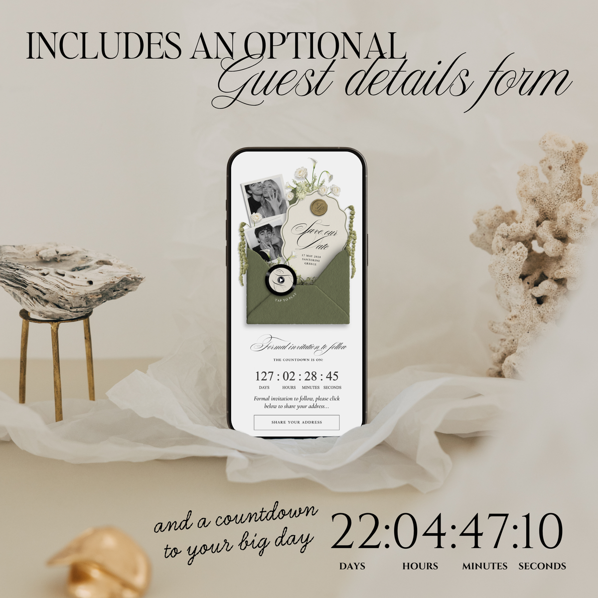 Save The Date Wedding Website Template (Envelope 06 - Sage Green + Ivory)