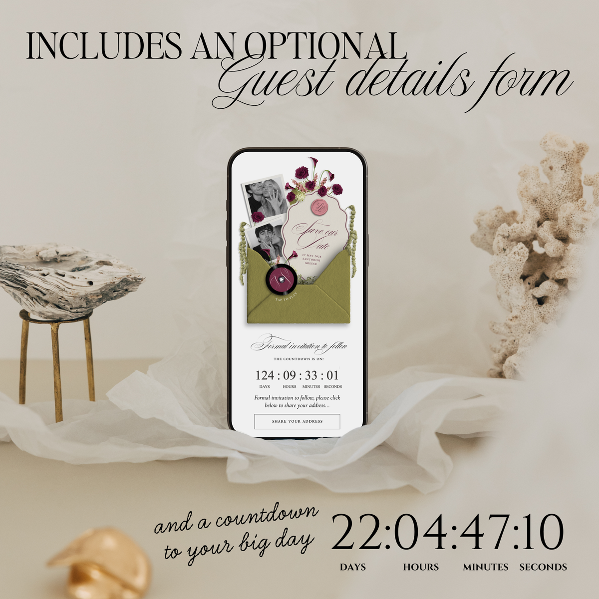 Save The Date Wedding Website Template (Envelope 06 - Chartreuse, Pink + Burgundy)