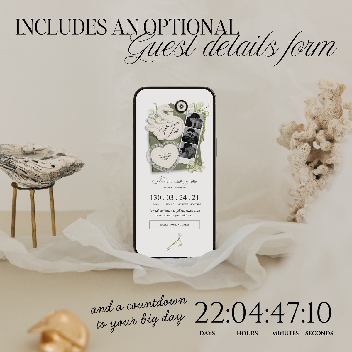 Save The Date Wedding Website Template (Envelope 05 - Sage Green + Ivory)