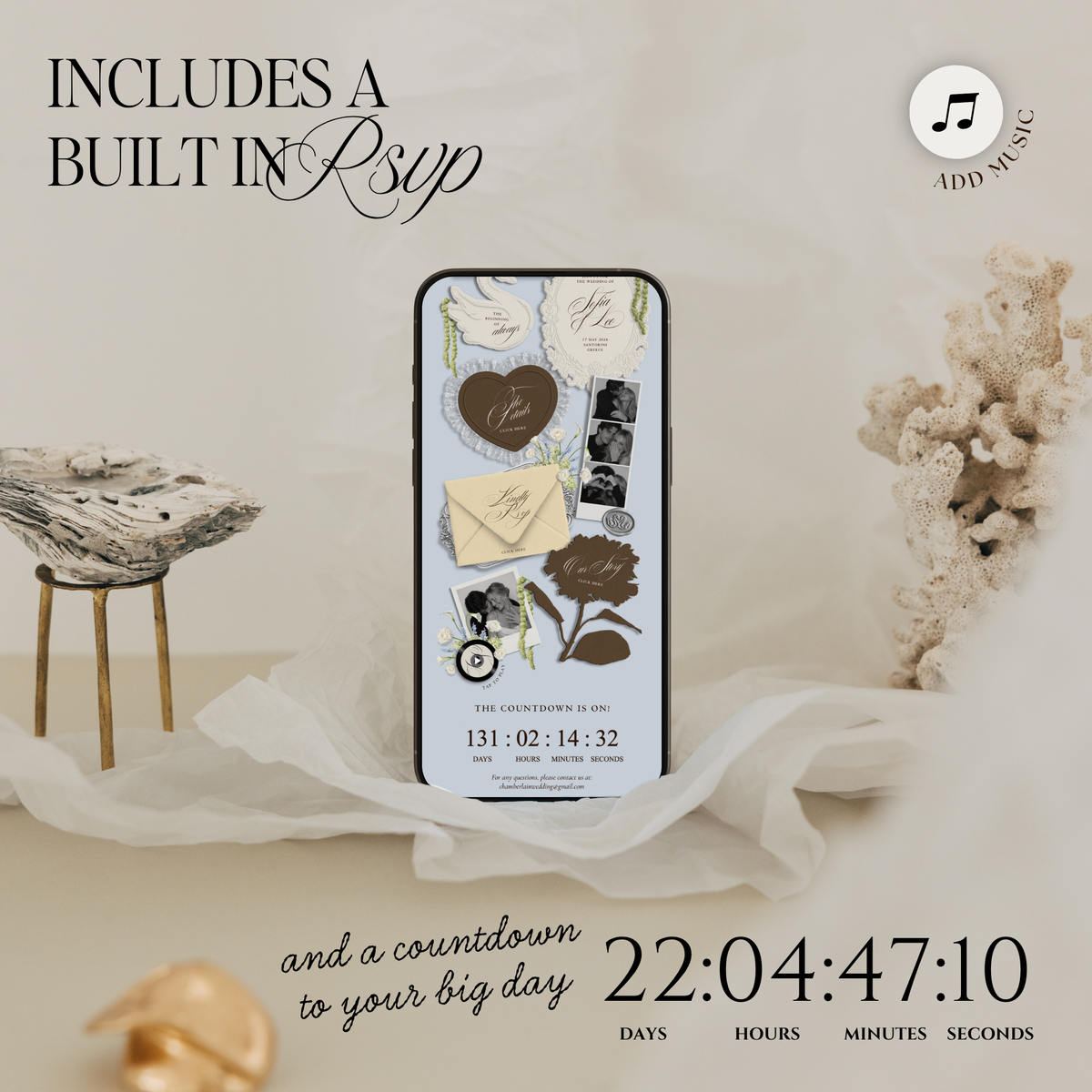 Wedding Website Template with RSVP (Envelope 05 - yellow, blue + brown)