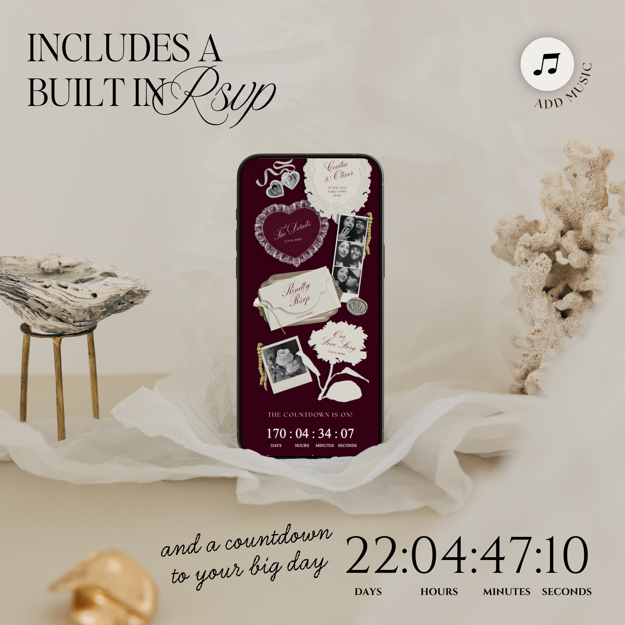 Wedding Website Template with RSVP (Photo Booth 01 - Burgundy)