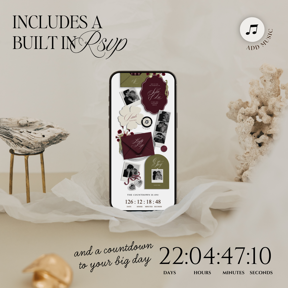 Wedding Website Template with RSVP (Envelope 06 - Green + Burgundy)