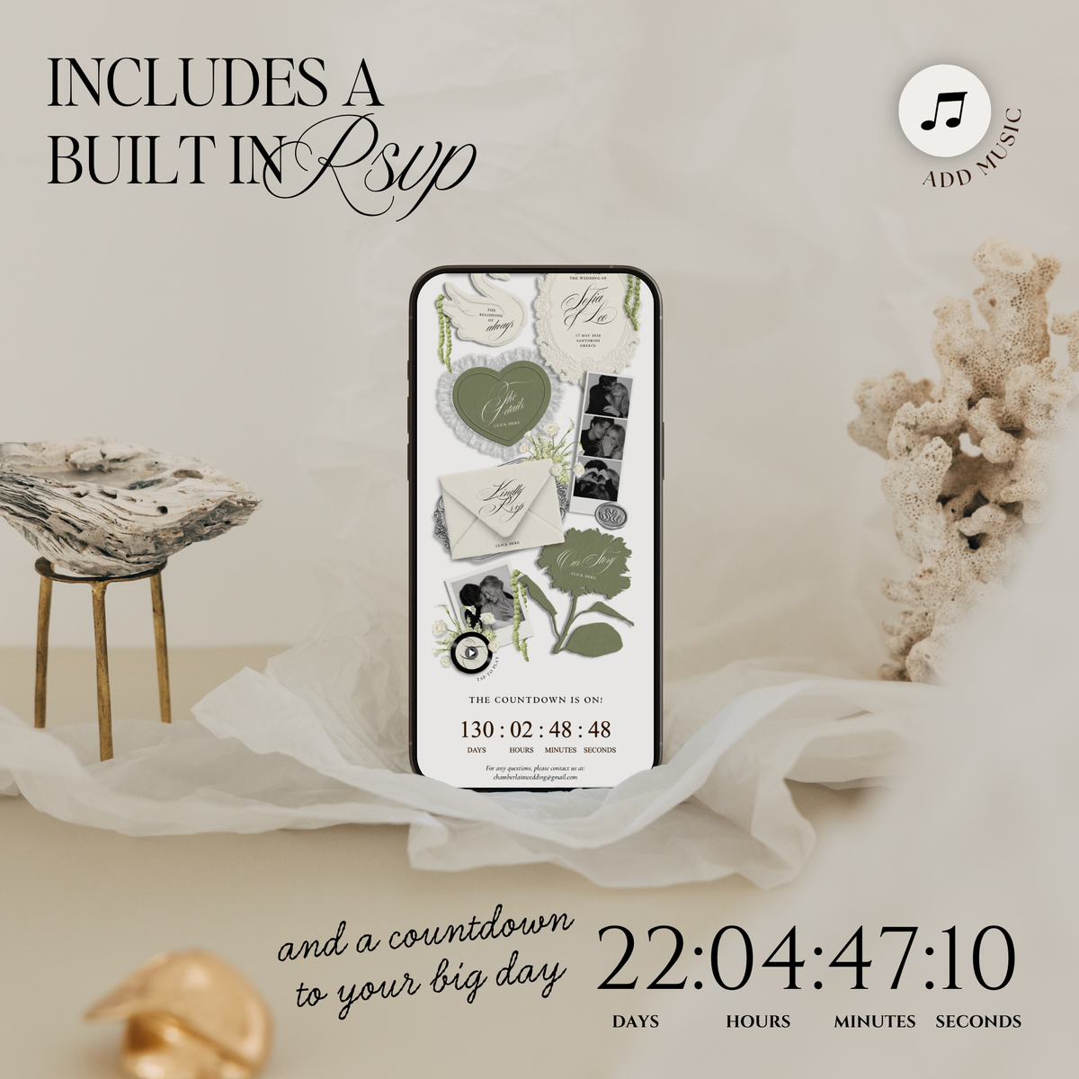 Wedding Website Template with RSVP (Envelope 05 - Sage Green + Ivory)