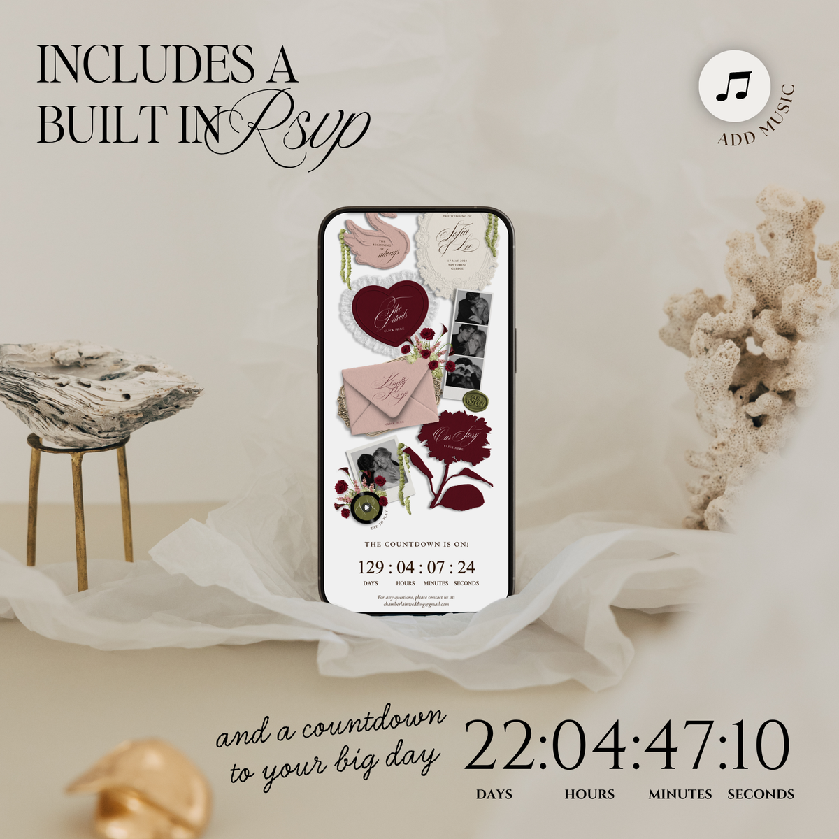 Wedding Website Template with RSVP (Envelope 05 - Green, Pink + Burgundy)