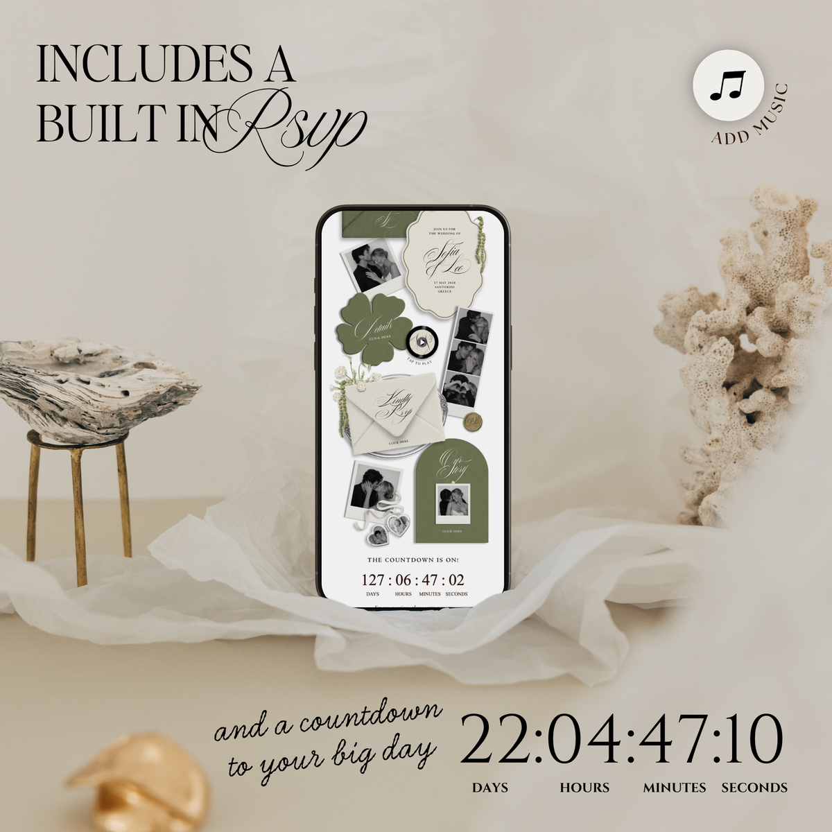 Wedding Website Template with RSVP (Envelope 06 - Sage Green + Ivory)