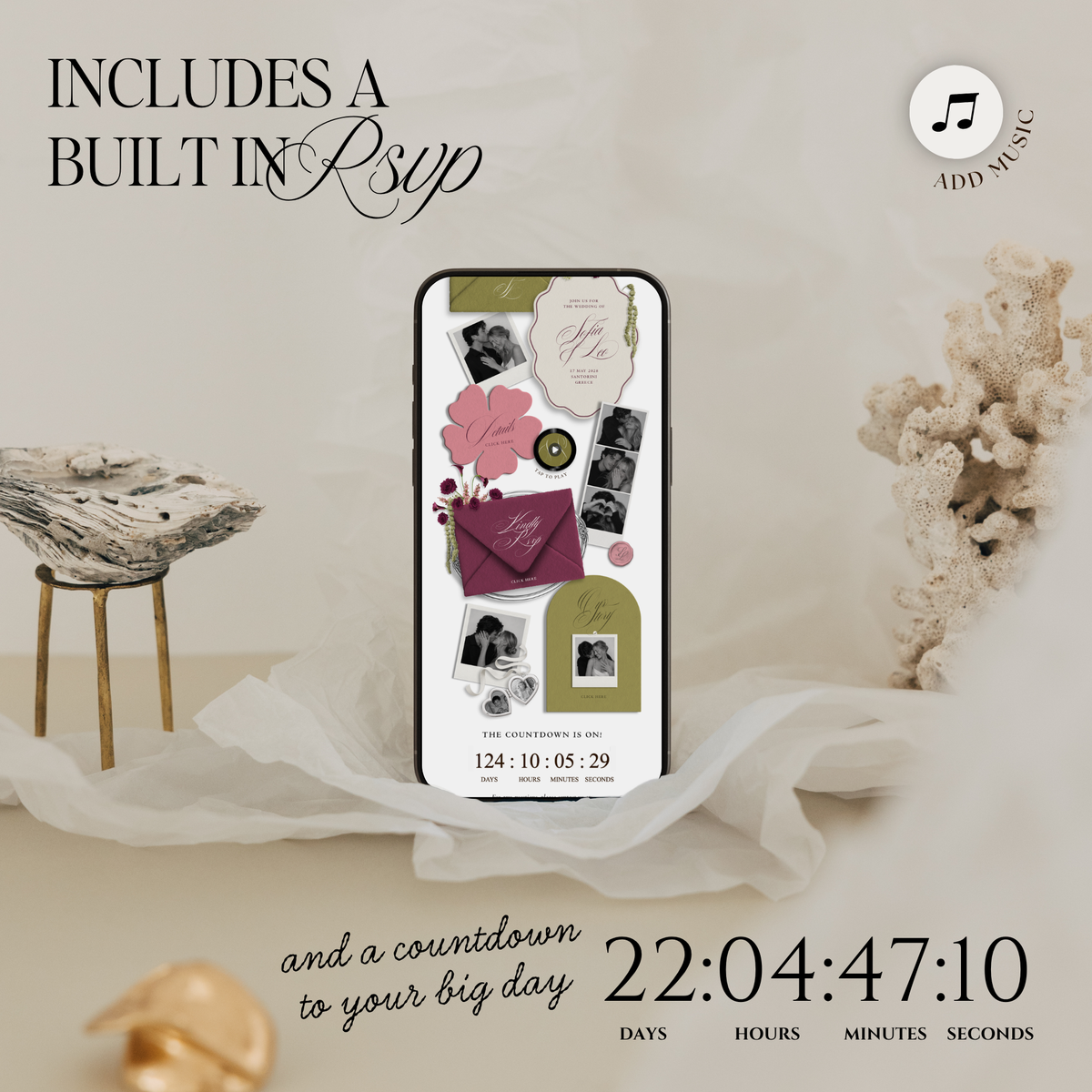 Wedding Website Template with RSVP (Envelope 06 - Chartreuse, Pink + Burgundy)