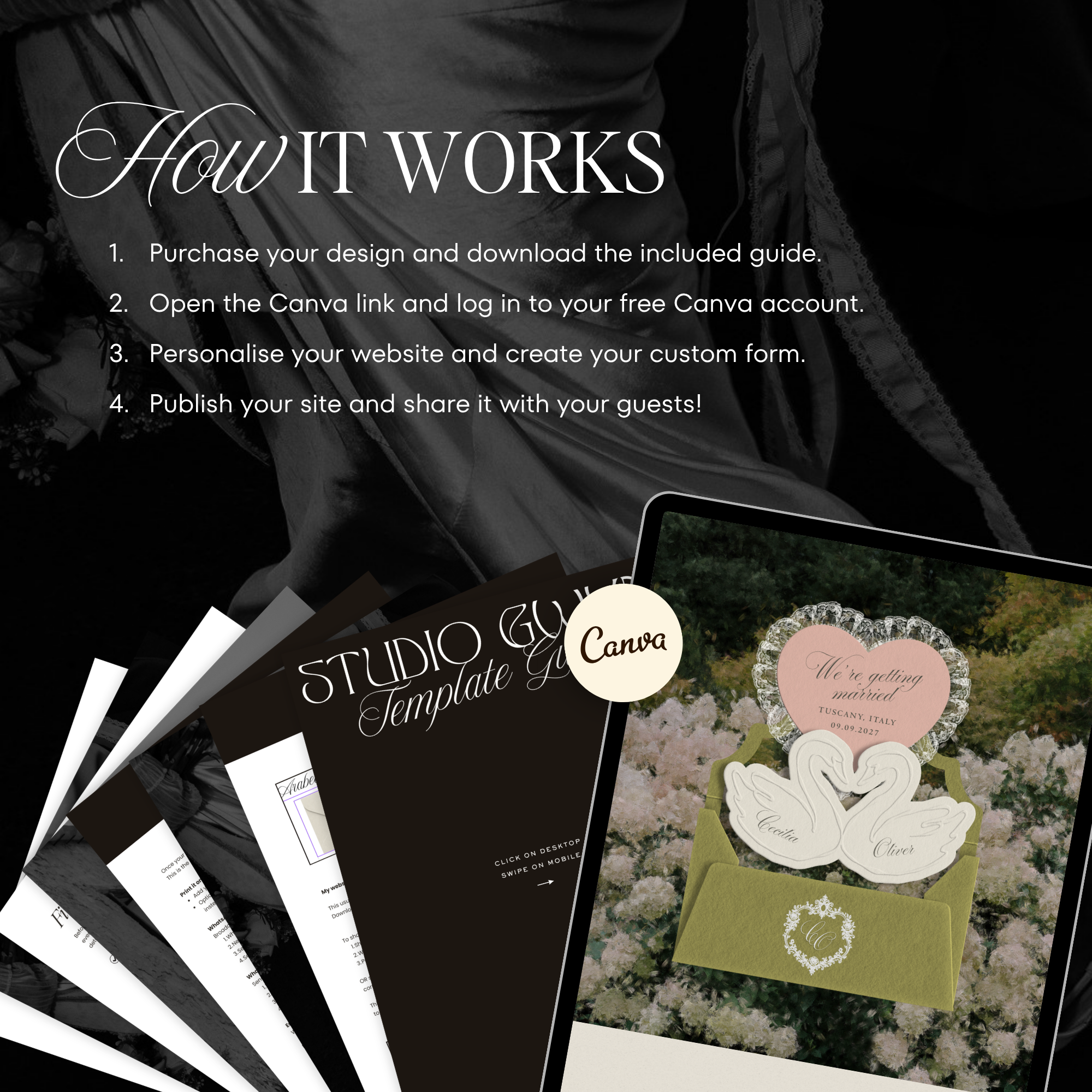 Heirloom Lace & Swan Wedding Website Template with RSVP (Green & Pink)