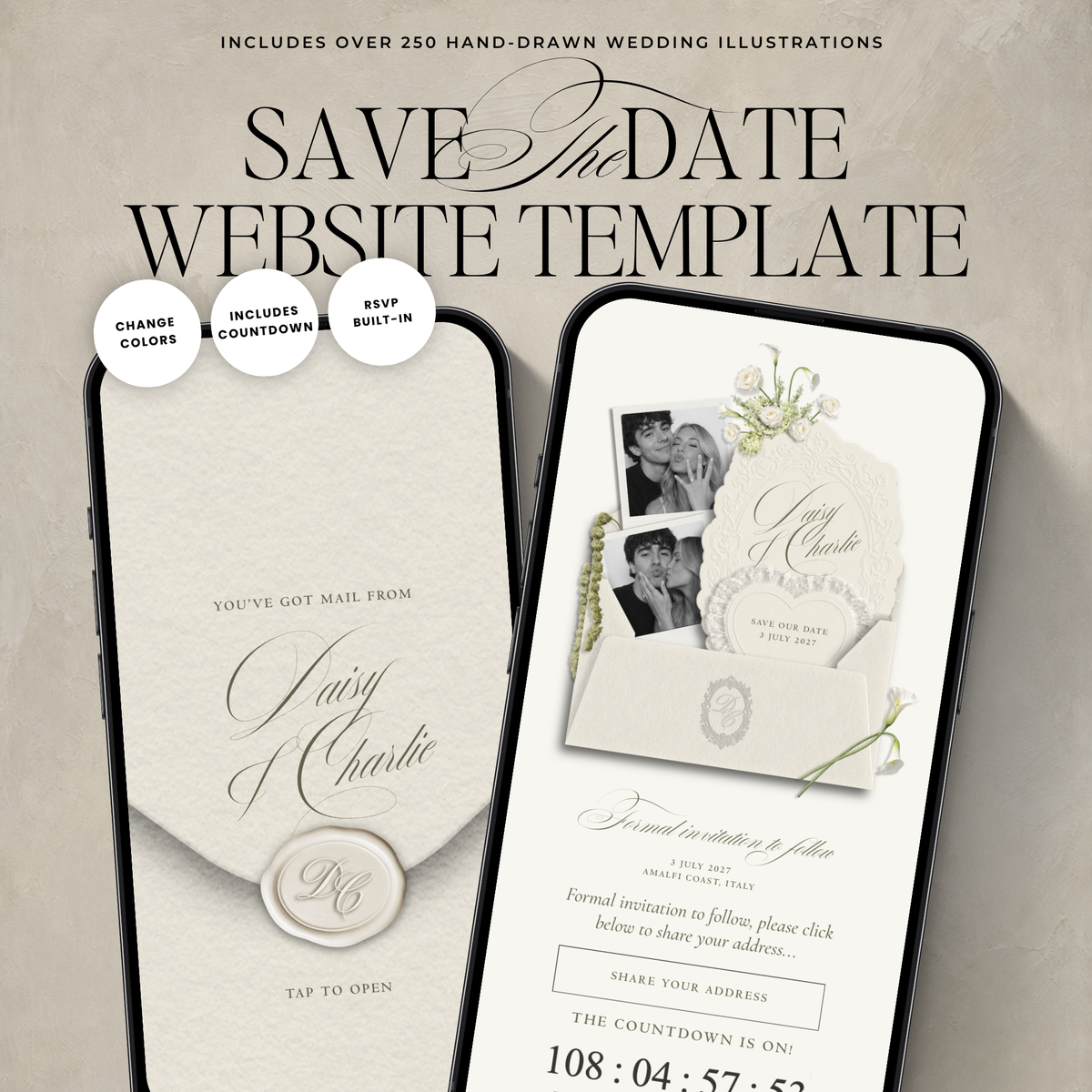 Save The Date Wedding Website Template (Envelope 07 - Ivory)