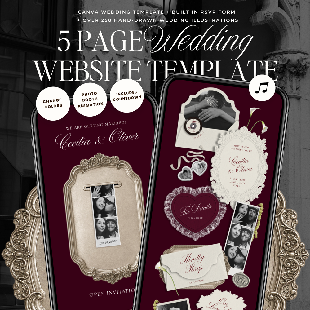 Wedding Website Template with RSVP (Photo Booth 01 - Burgundy)