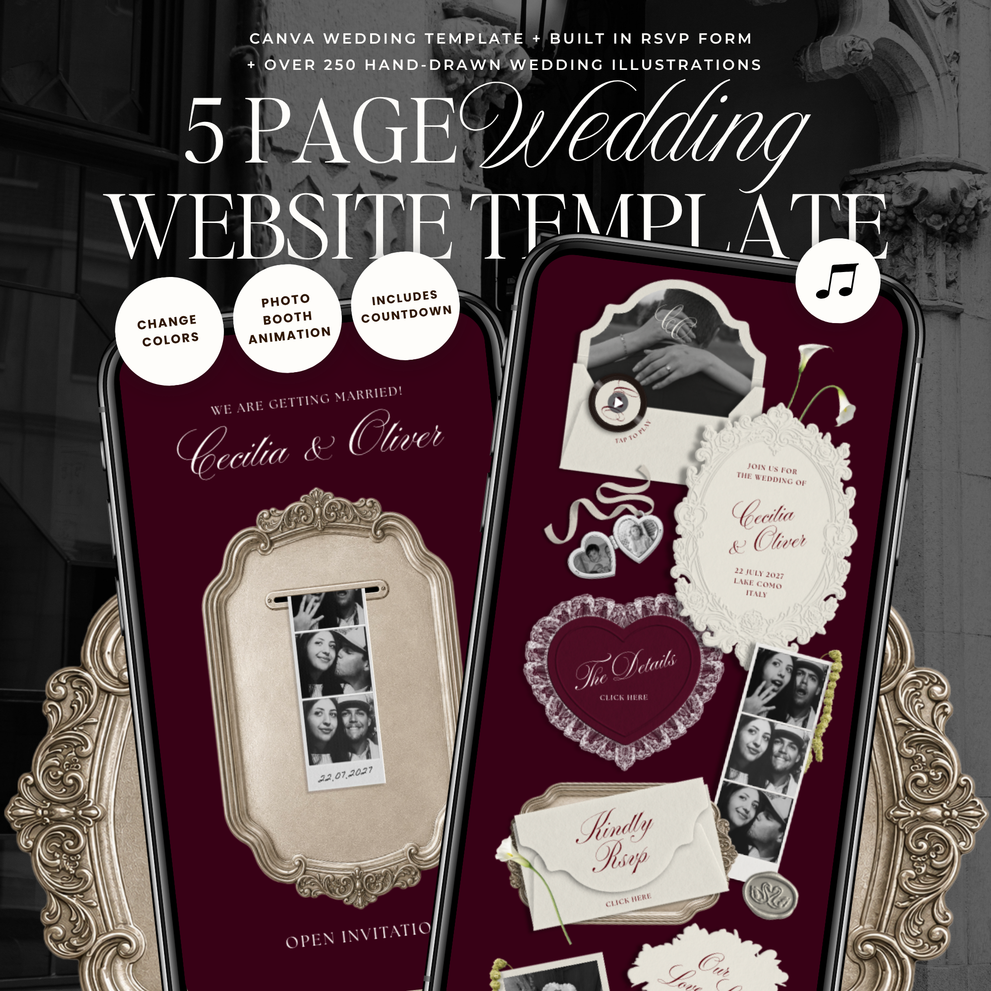 Wedding Website Template with RSVP (Photo Booth 01 - Burgundy)