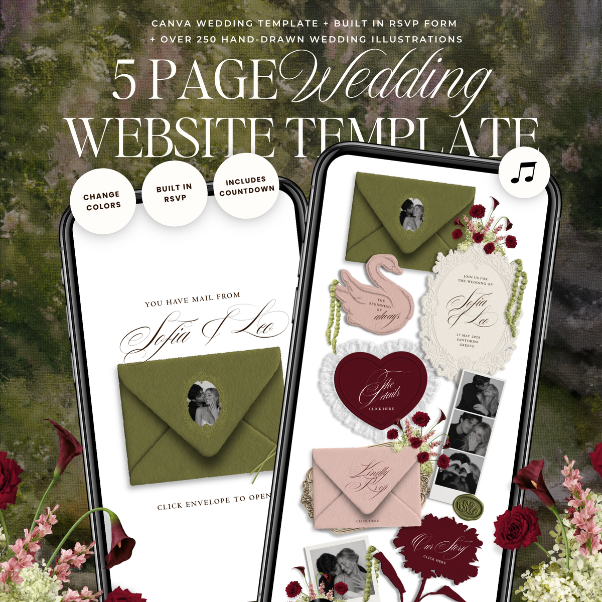 Wedding Website Template with RSVP (Envelope 05 - Green, Pink + Burgundy)