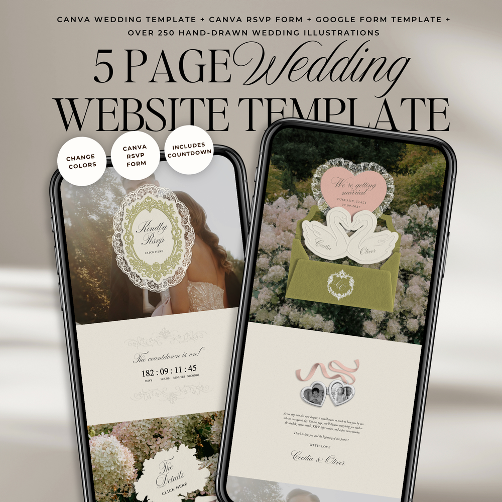 Heirloom Lace & Swan Wedding Website Template with RSVP (Green & Pink)