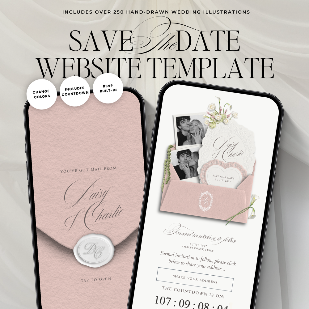 Save The Date Wedding Website Template (Envelope 07 - Pink + Ivory)