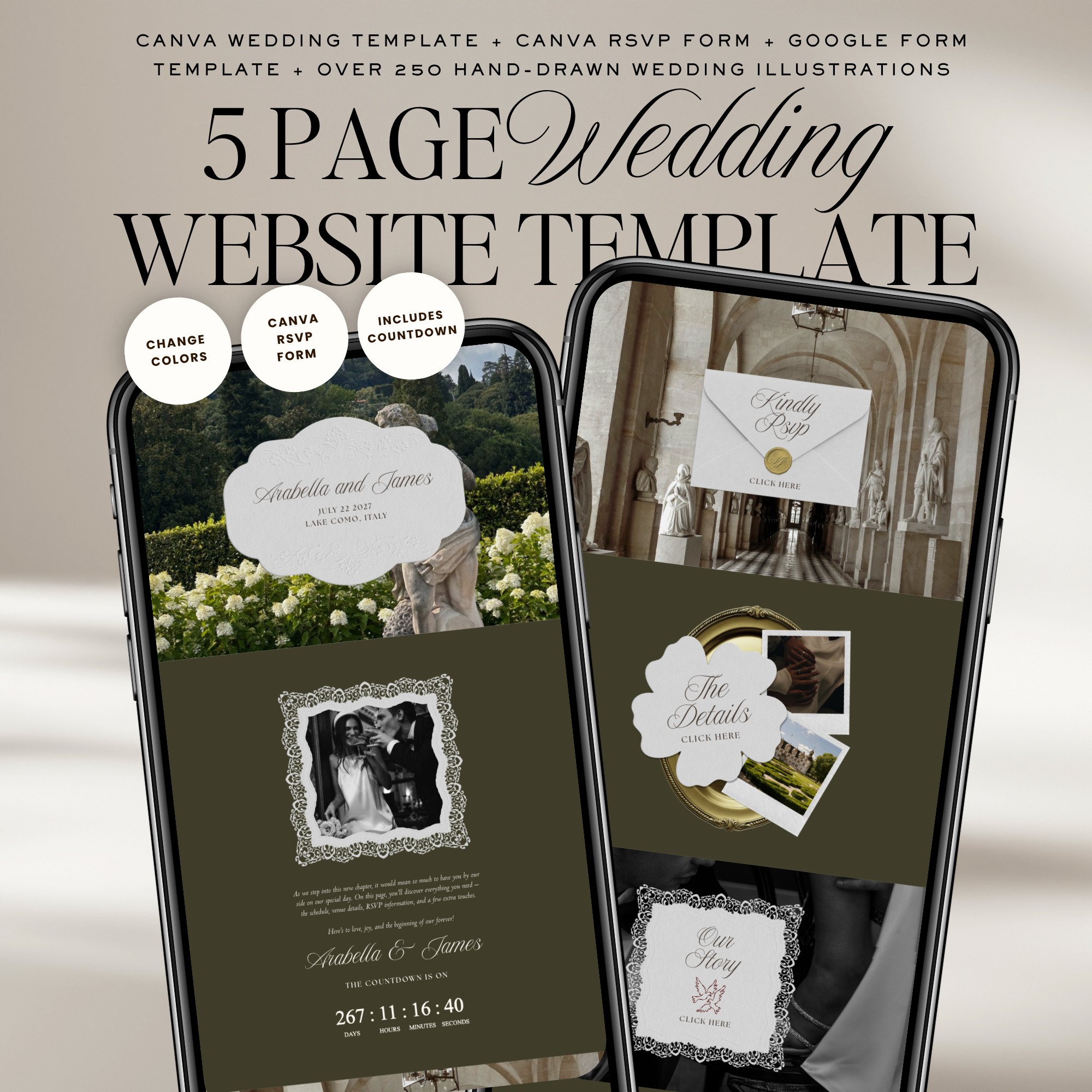 Old Money Wedding Website Template with RSVP (Olive)