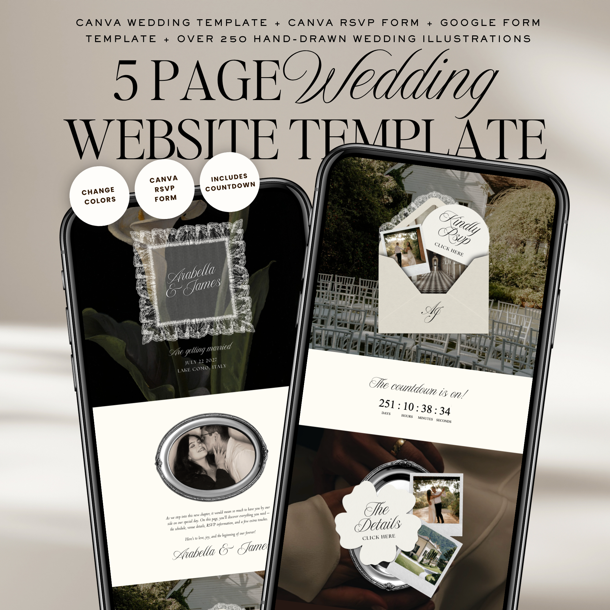 Old Money Lace Wedding Website Template with RSVP (Lace 01)