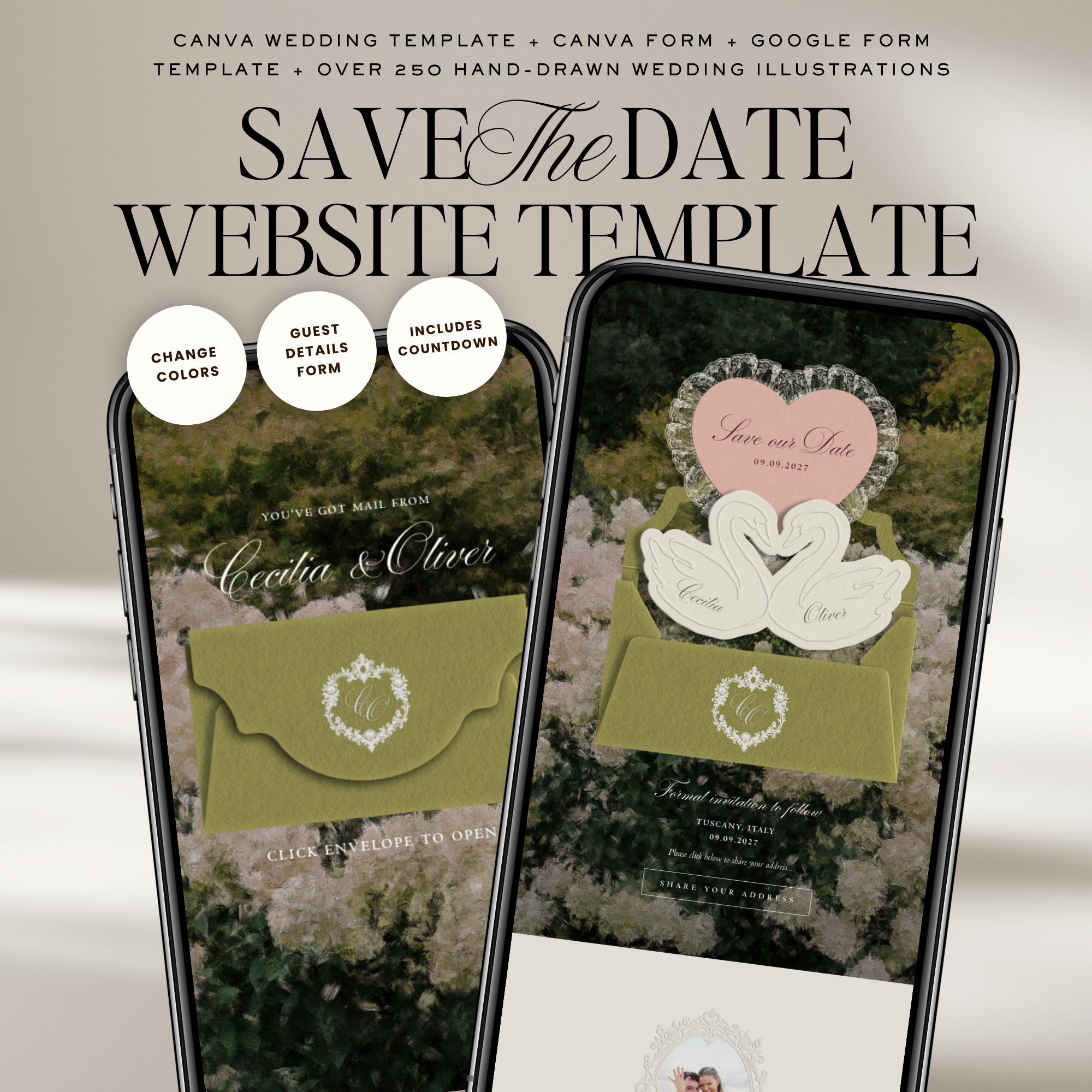 Heirloom Save The Date Website Template (Green & Pink)