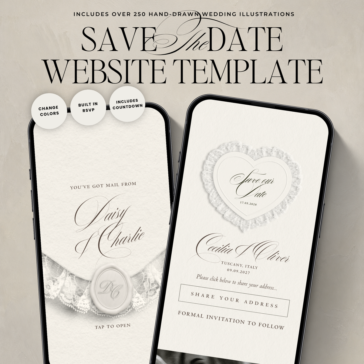 Lace Heart Save The Date Website Template (Lace 03 - Ivory)