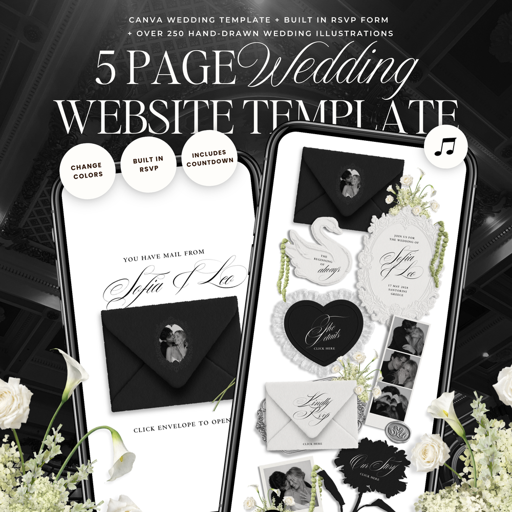 Wedding Website Template with RSVP (Envelope 05 - Black & White)