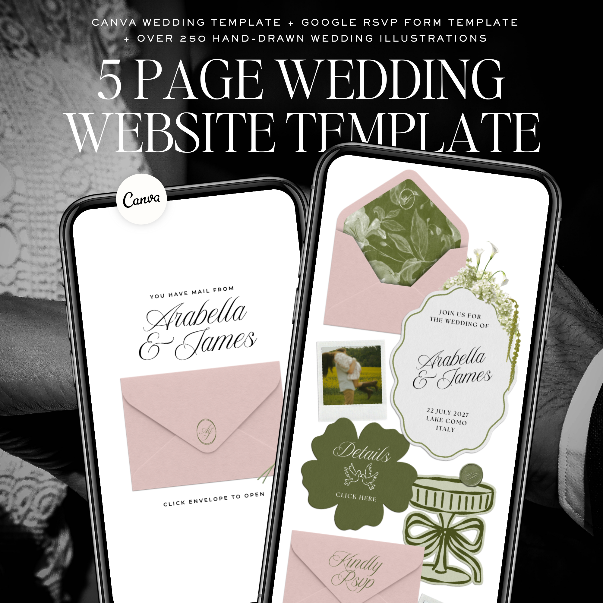 Wedding Website Template with RSVP (Pink & Green)