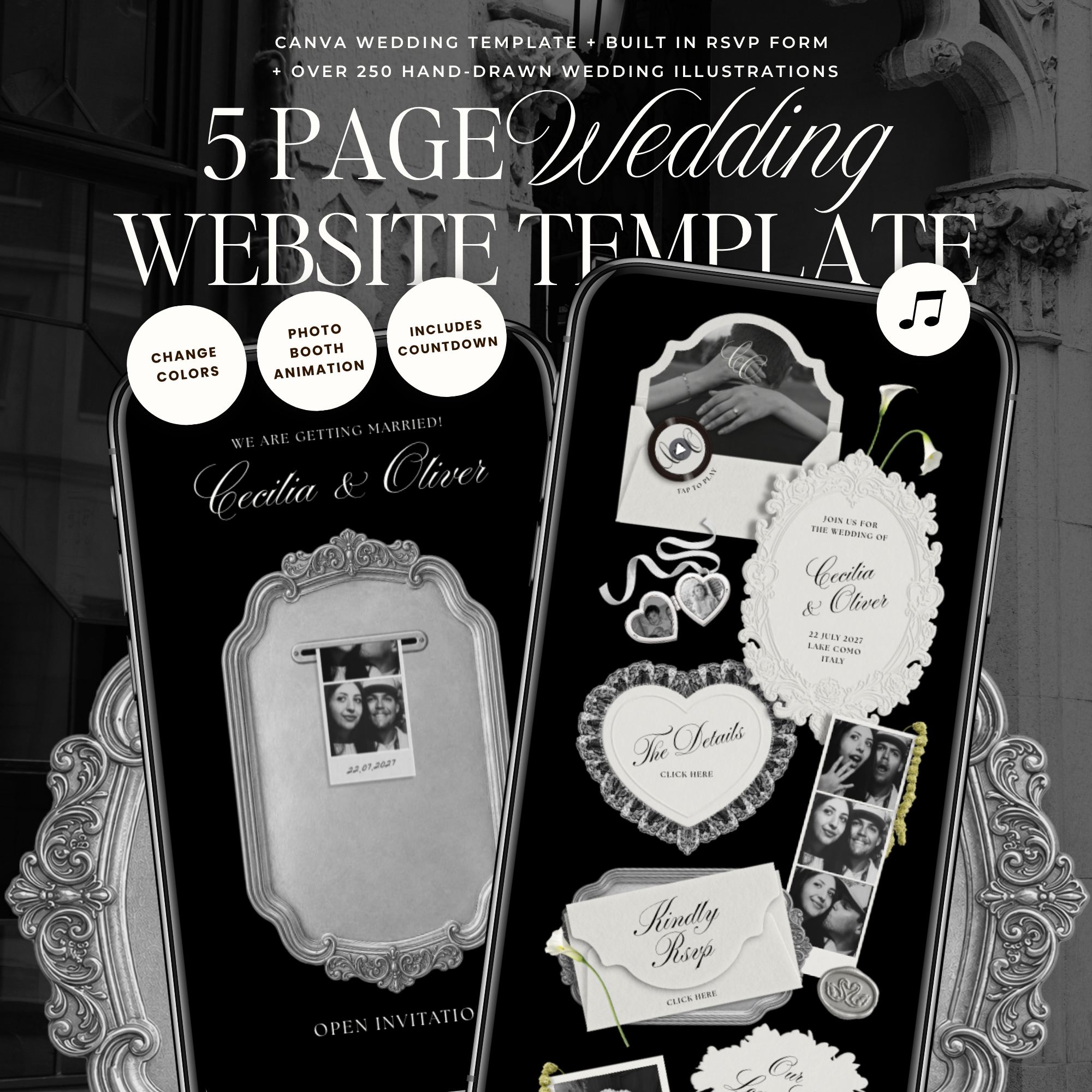 Wedding Website Template with RSVP (Photo Booth 01 - Black)