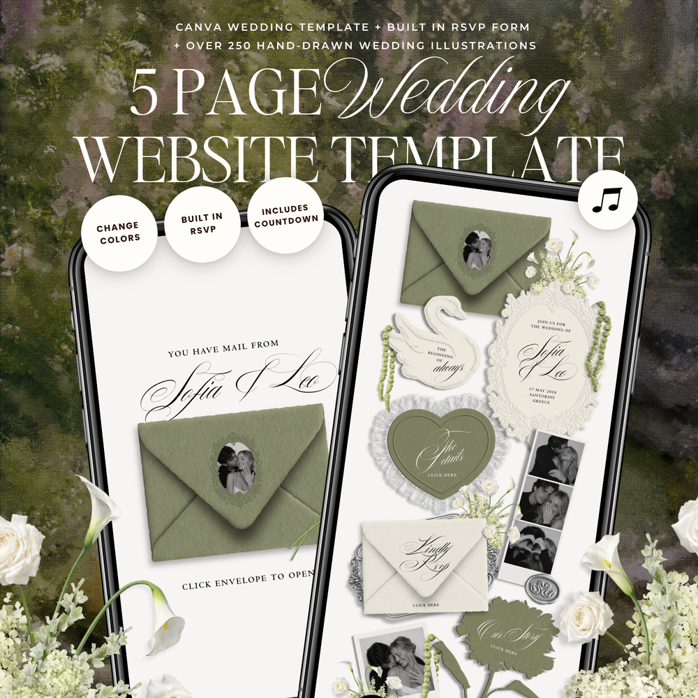 Wedding Website Template with RSVP (Envelope 05 - Sage Green + Ivory)