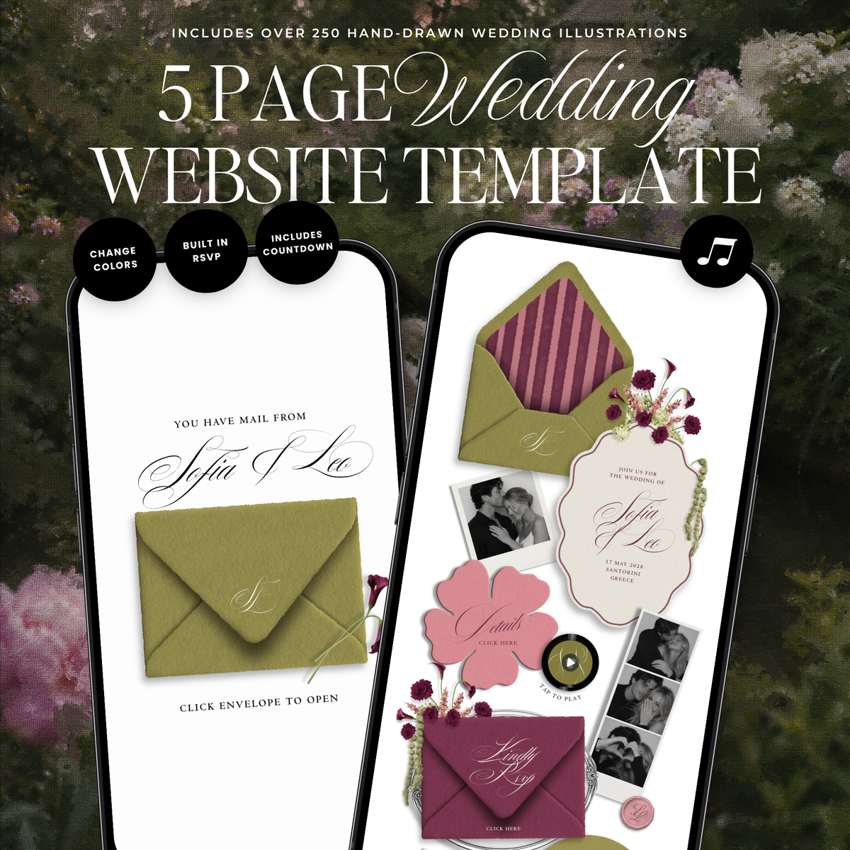 Wedding Website Template with RSVP (Envelope 06 - Chartreuse, Pink + Burgundy)