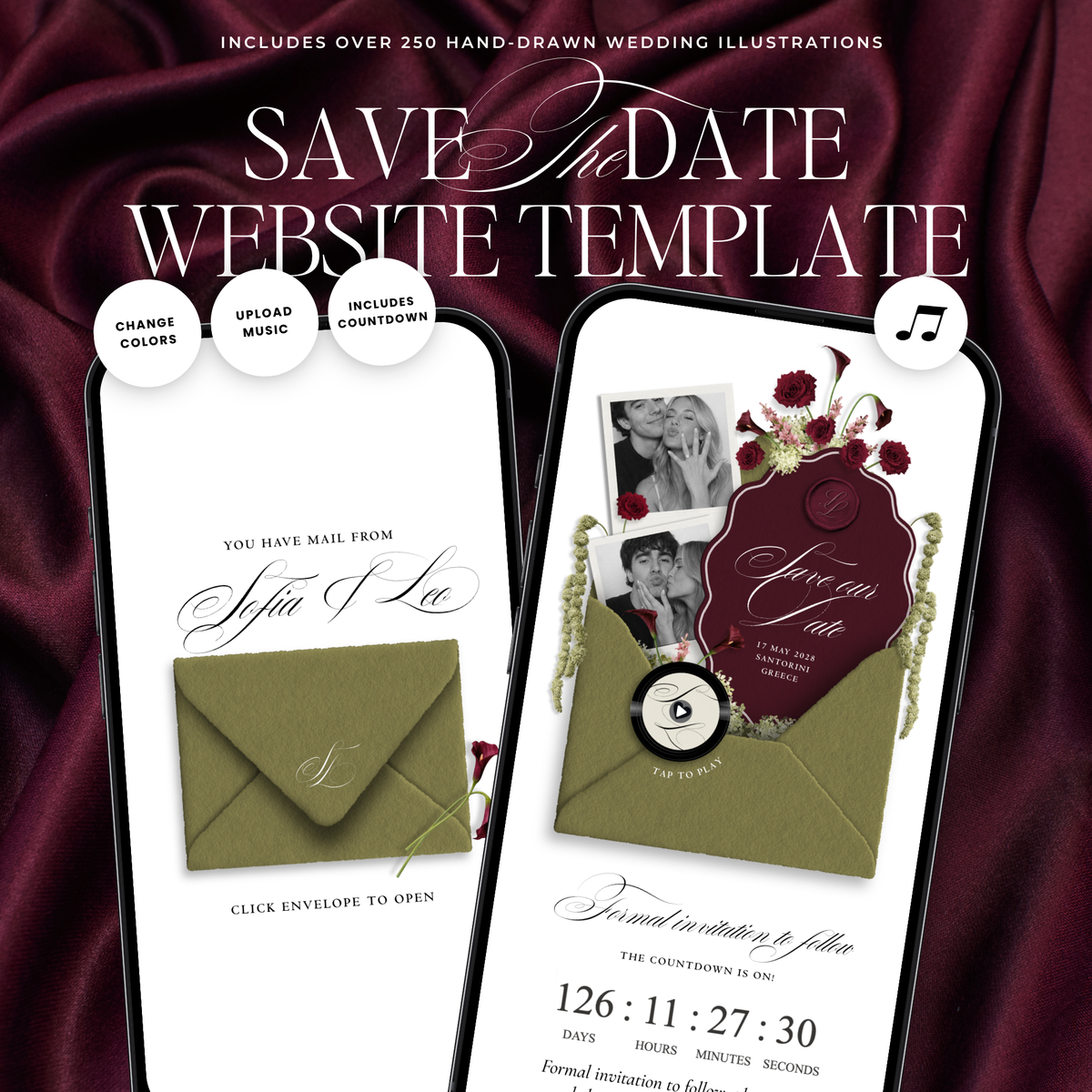 Save The Date Wedding Website Template (Envelope 06 - Green + Burgundy)