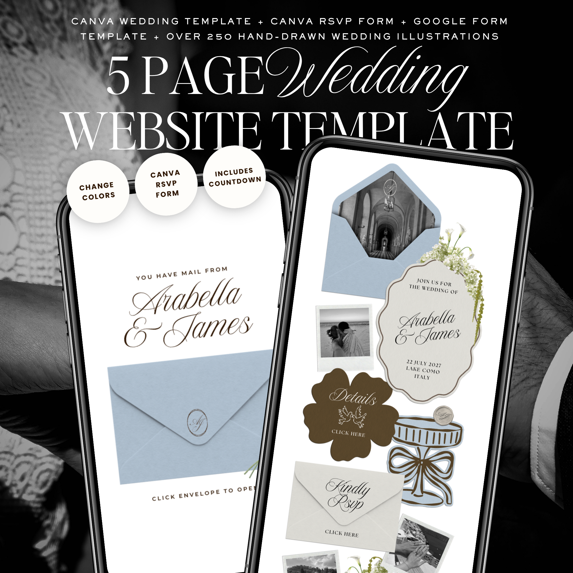 Wedding Website Template with RSVP (Brown & Dusty Blue)