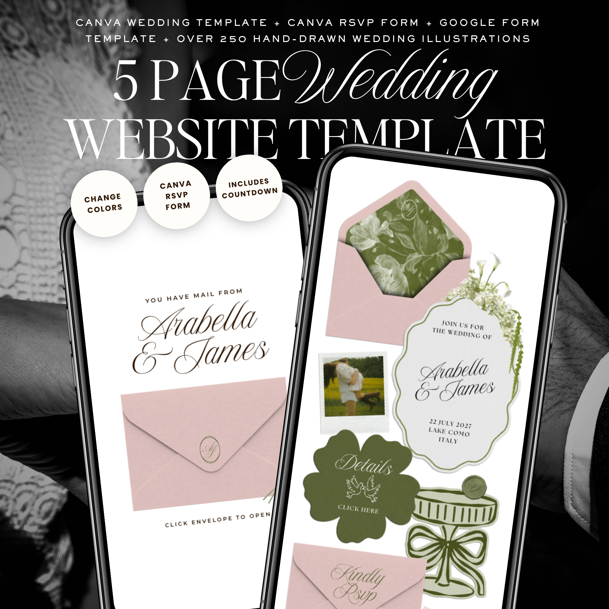 Wedding Website Template with RSVP (Pink & Green)