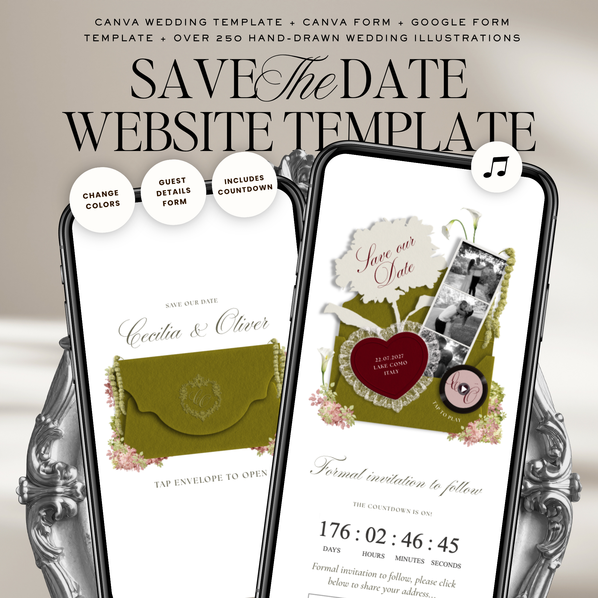 Save The Date Wedding Website Template (Envelope 04 - Olive Green & Burgundy)