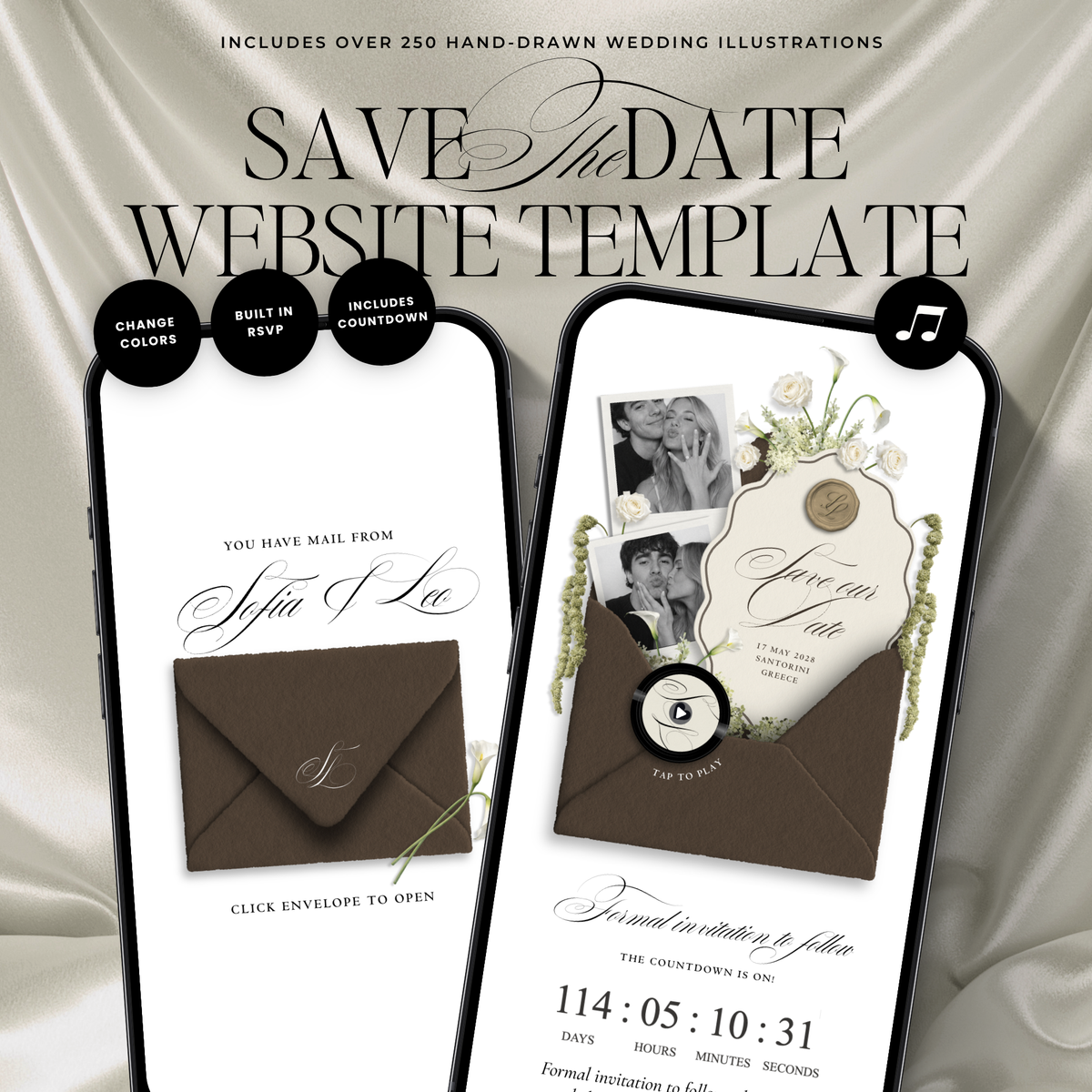 Save The Date Wedding Website Template (Envelope 06 - Brown + Ivory)
