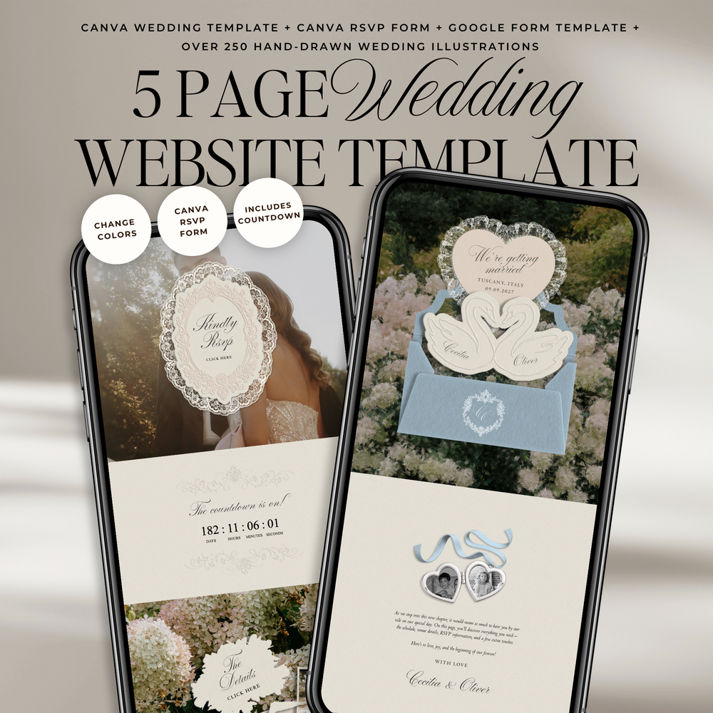 Heirloom Lace & Swan Wedding Website Template with RSVP (Blue & Pink)