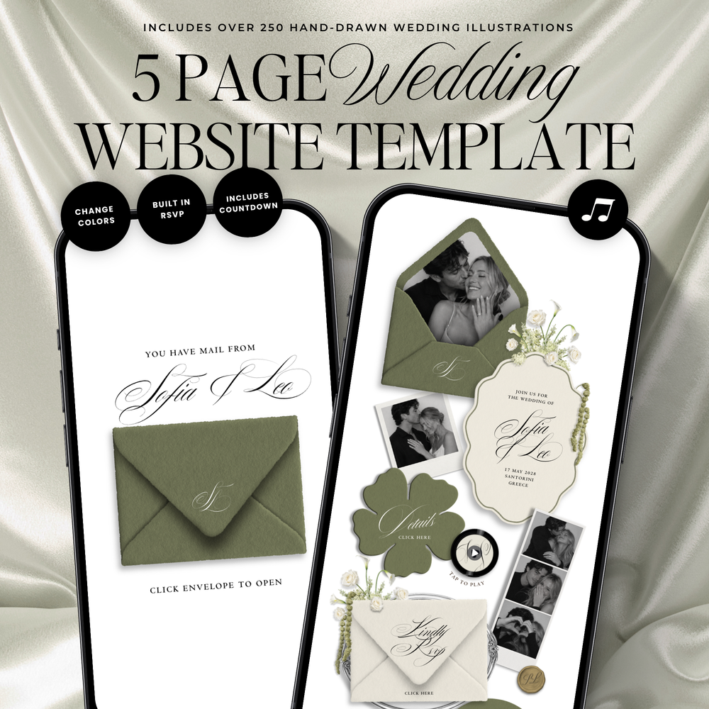 Wedding Website Template with RSVP (Envelope 06 - Sage Green + Ivory)