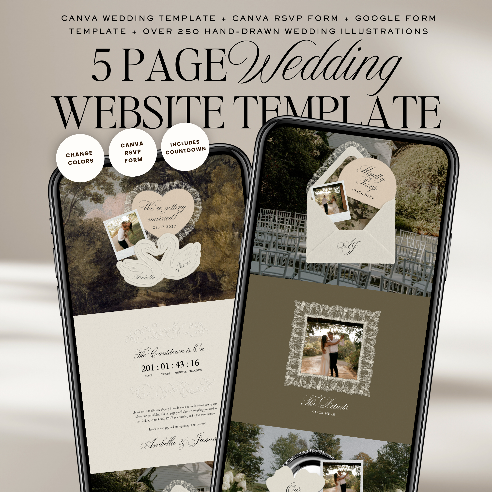 Old Money Lace Wedding Website Template with RSVP (Lace 03)