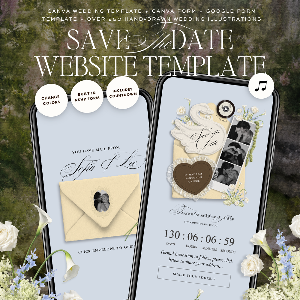 Save The Date Wedding Website Template (Envelope 05 - Yellow, Blue + Brown)
