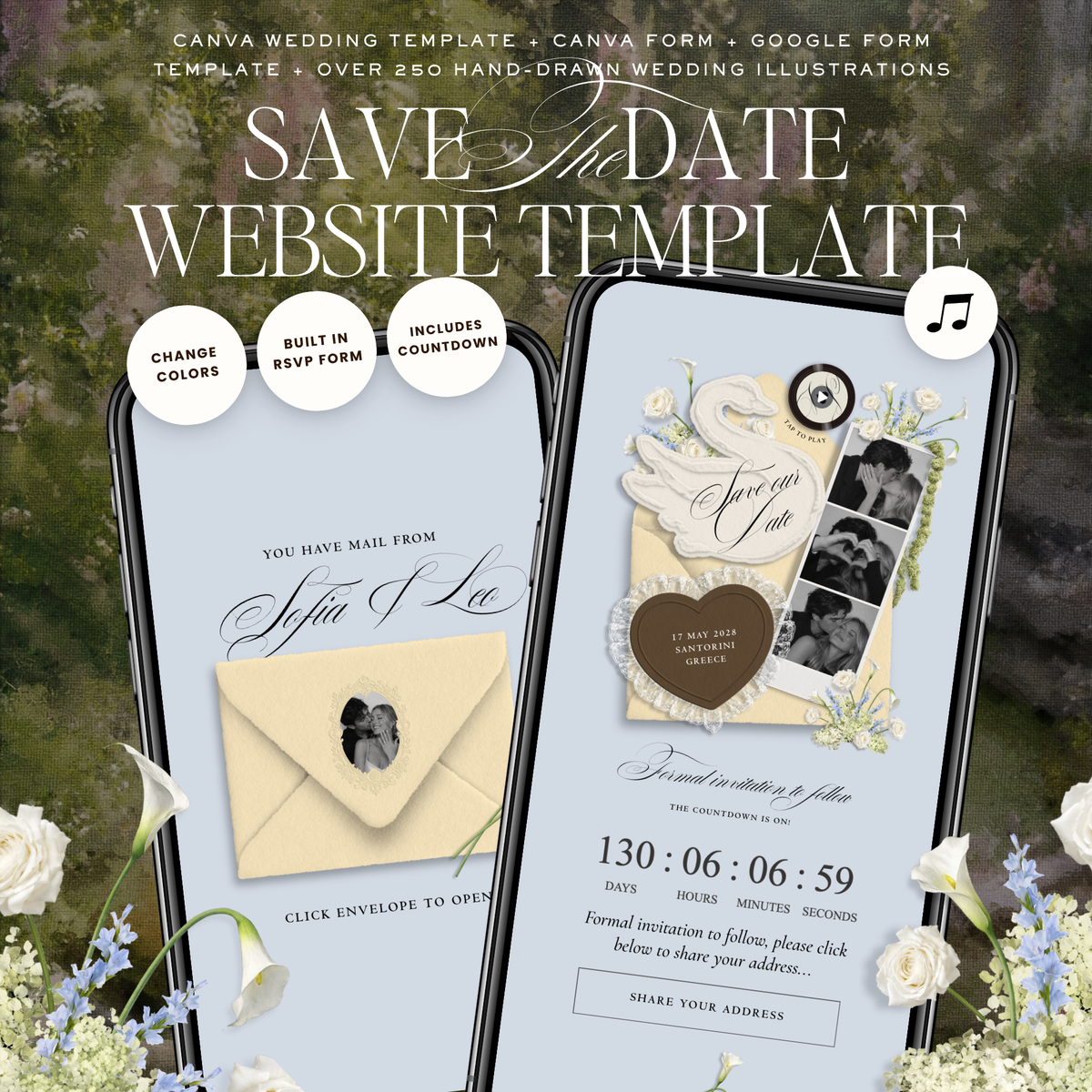 Save The Date Wedding Website Template (Envelope 05 - Yellow, Blue + Brown)
