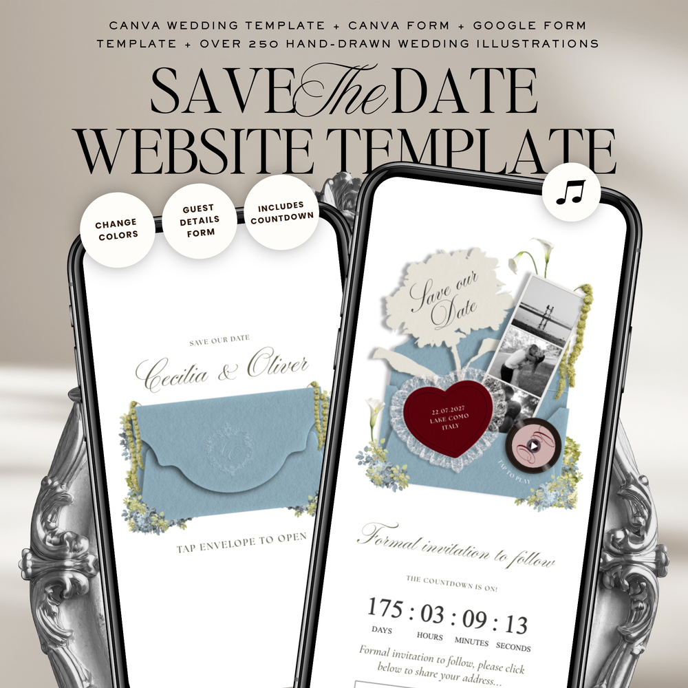 Save The Date Wedding Website Template (Envelope 04 - Blue & Pink)