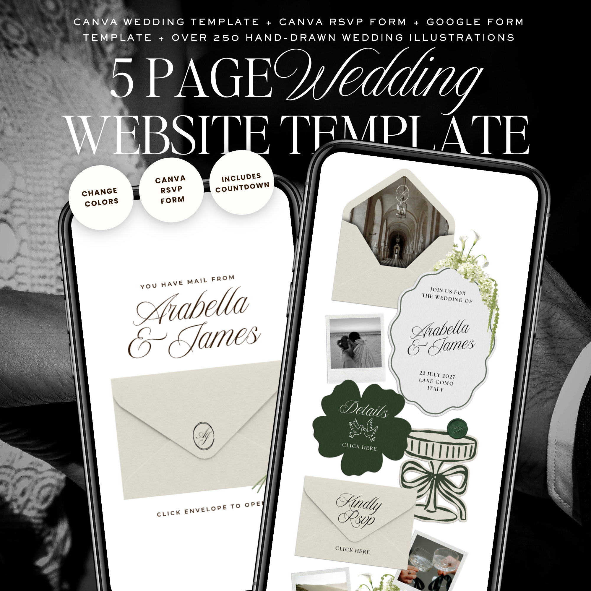 Wedding Website Template with RSVP (White & Green)