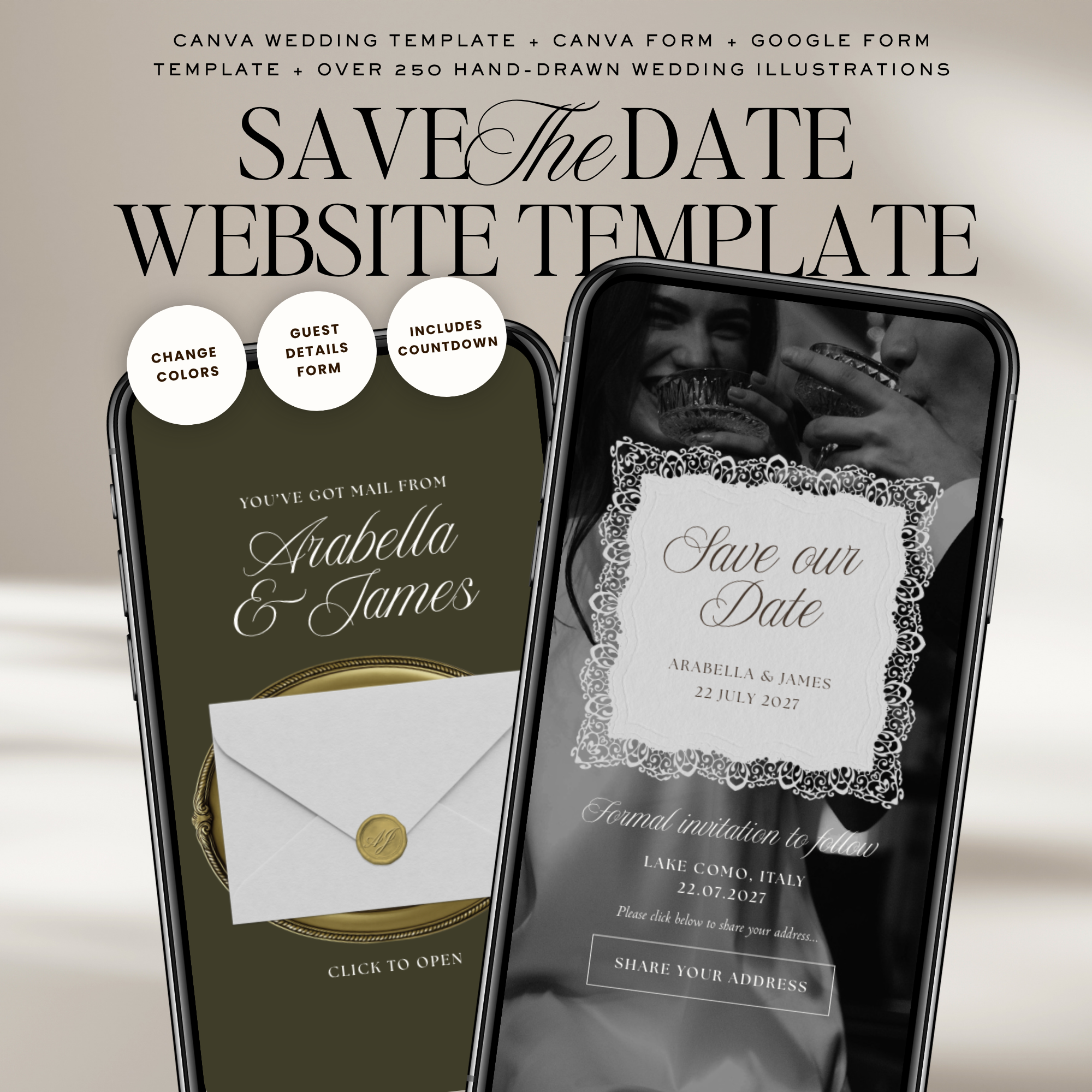 Old Money Save The Date Wedding Website Template (Olive)