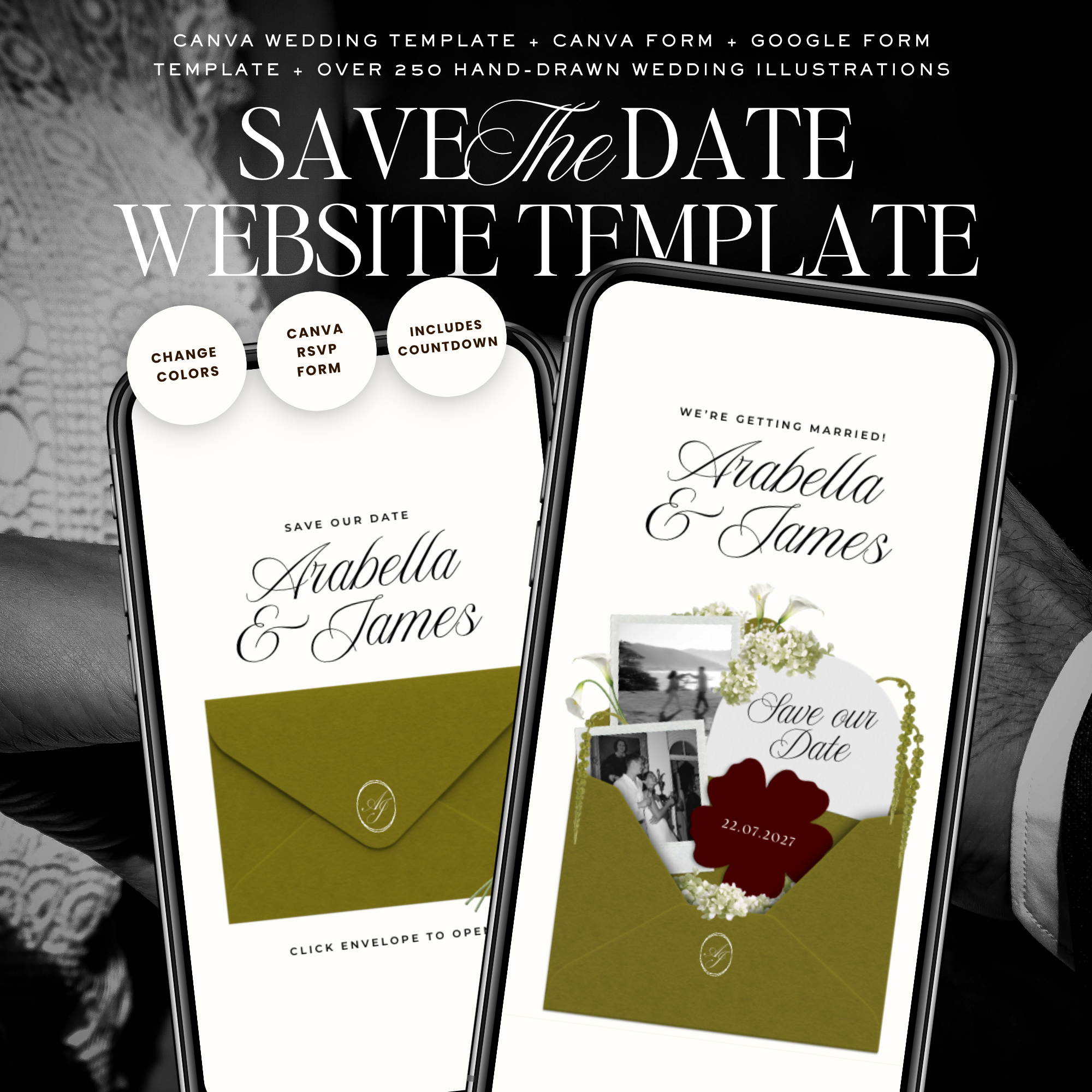 Save The Date Wedding Website Template (Olive Green & Burgundy)