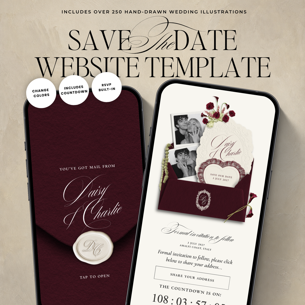 Save The Date Wedding Website Template (Envelope 07 - Burgundy + Ivory)