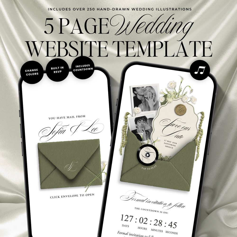 Save The Date Wedding Website Template (Envelope 06 - Sage Green + Ivory)