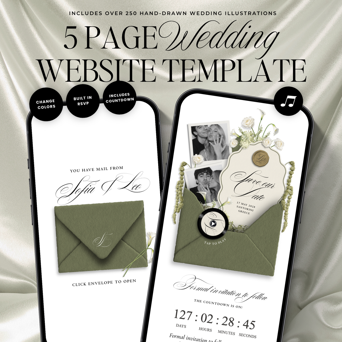 Save The Date Wedding Website Template (Envelope 06 - Sage Green + Ivory)