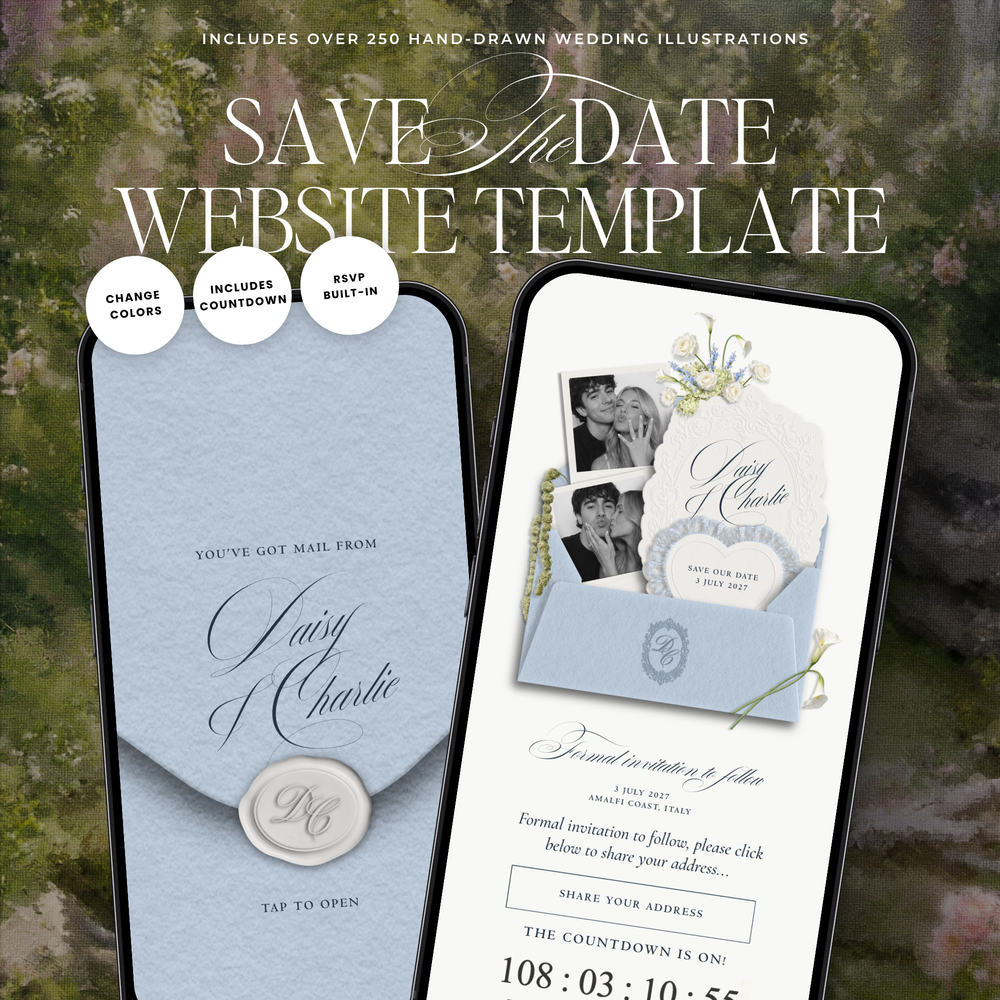 Save The Date Wedding Website Template (Envelope 07 - Blue + Ivory)