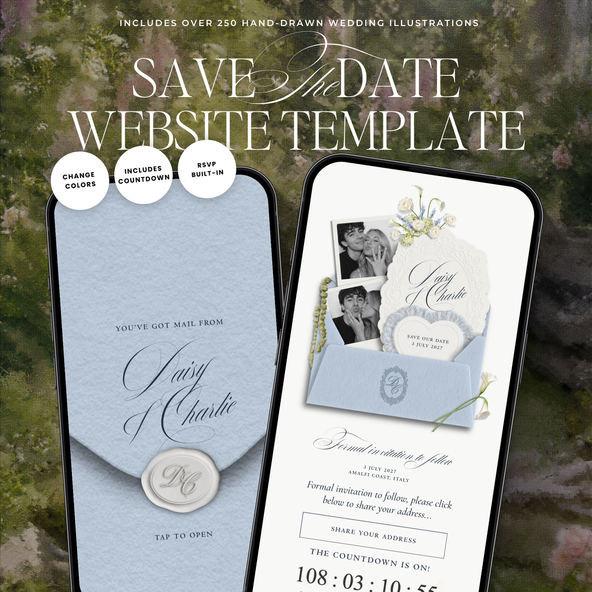 Save The Date Wedding Website Template (Envelope 07 - Blue + Ivory)